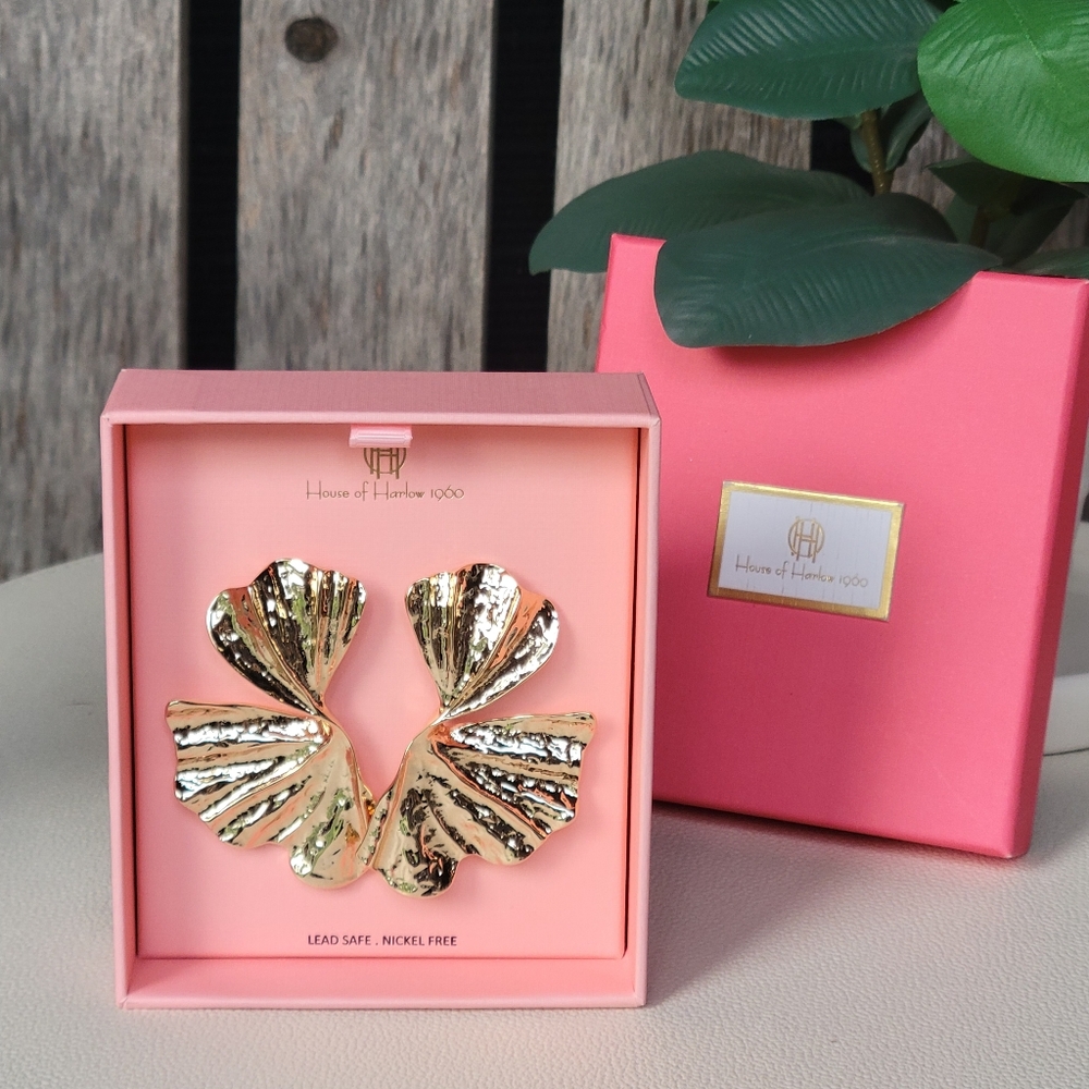 House of Harlow 1960 gold GINKO twisted LEAF earrings - Picture 3 of 7